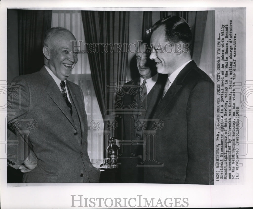 1958 President Eisenhower Jokes with Willy Brandt at White House - Historic Images