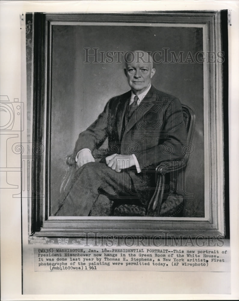 1961 Press Photo The portrait of President Eisenhower at the White House wall - Historic Images