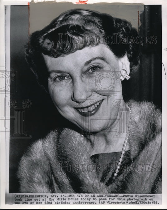 1958 Wire Photo Mamie Eisenhower on the eve of her 62nd birthday - cvw01073 - Historic Images