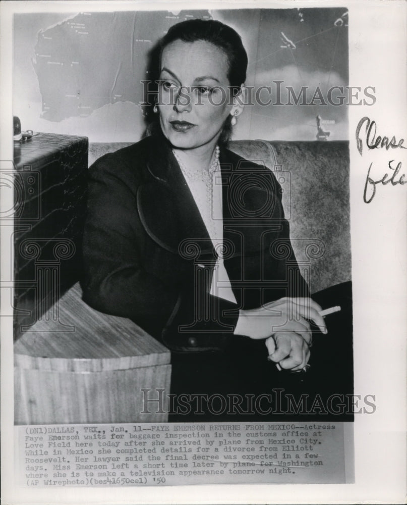 1950 Press Photo Actress Faye Emerson after she arrived from Mexico - Historic Images