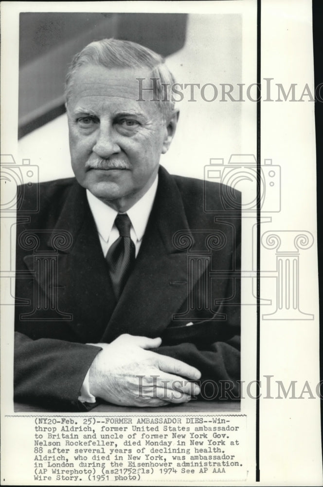 1974 Wire Photo Winthrop Aldrich, former U.S. Ambassador to Great Britain died - Historic Images