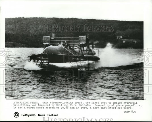 1973 Press Photo First Hydrofoil Boat invented bu Bell and F.W. Baldwill. - Historic Images