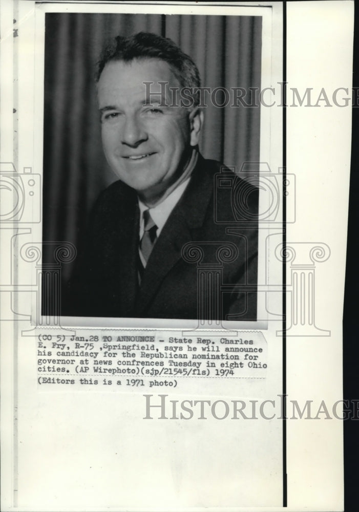 1974 Wire Photo State Rep. Charles E. Fry on his candidacy for Governor - Historic Images