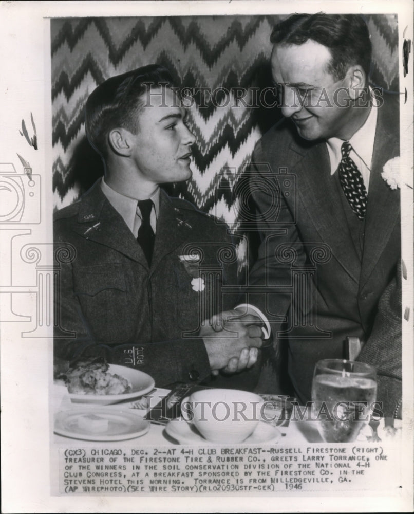 1945 Wire Photo Russel Firestone Greets Larry Torrance at a Breakfast - Historic Images