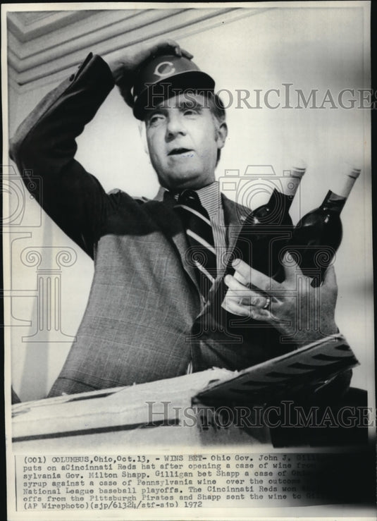 1972 Wire Photo Ohio Governor John J. Gilligan with the bottles of wine - Historic Images