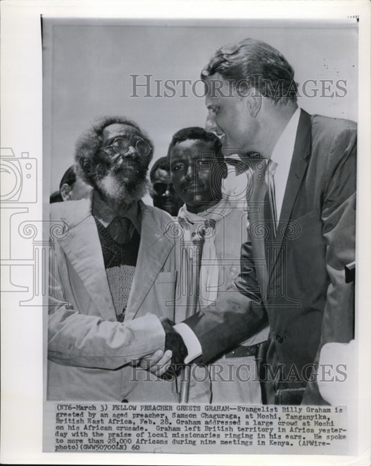 1960 Wire Photo Fellow Preacher greets Graham at Moshi - cvw01852 - Historic Images