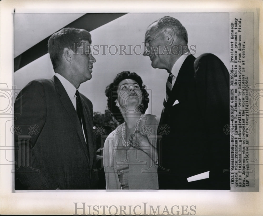 1951 Wire Photo President Kennedy greets Vice President Lyndon Johnson &amp; wife - Historic Images