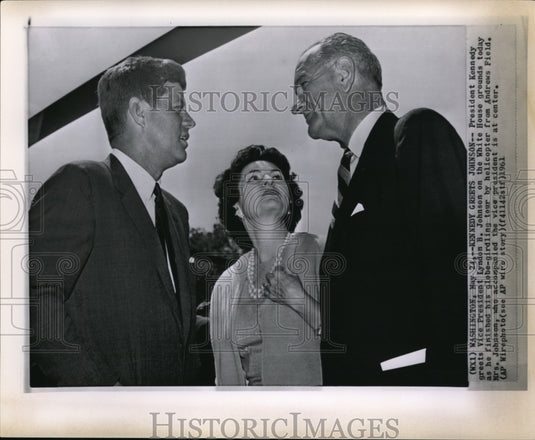 1951 Wire Photo President Kennedy greets Vice President Lyndon Johnson & wife - Historic Images