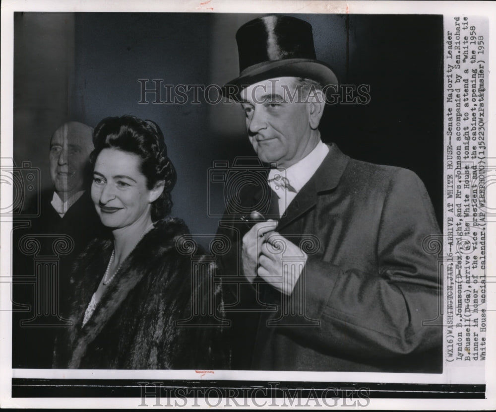 1958 Press Photo Mr. &amp; Mrs. Johnson with Sen. Russell arrive at White Tie Dinner - Historic Images