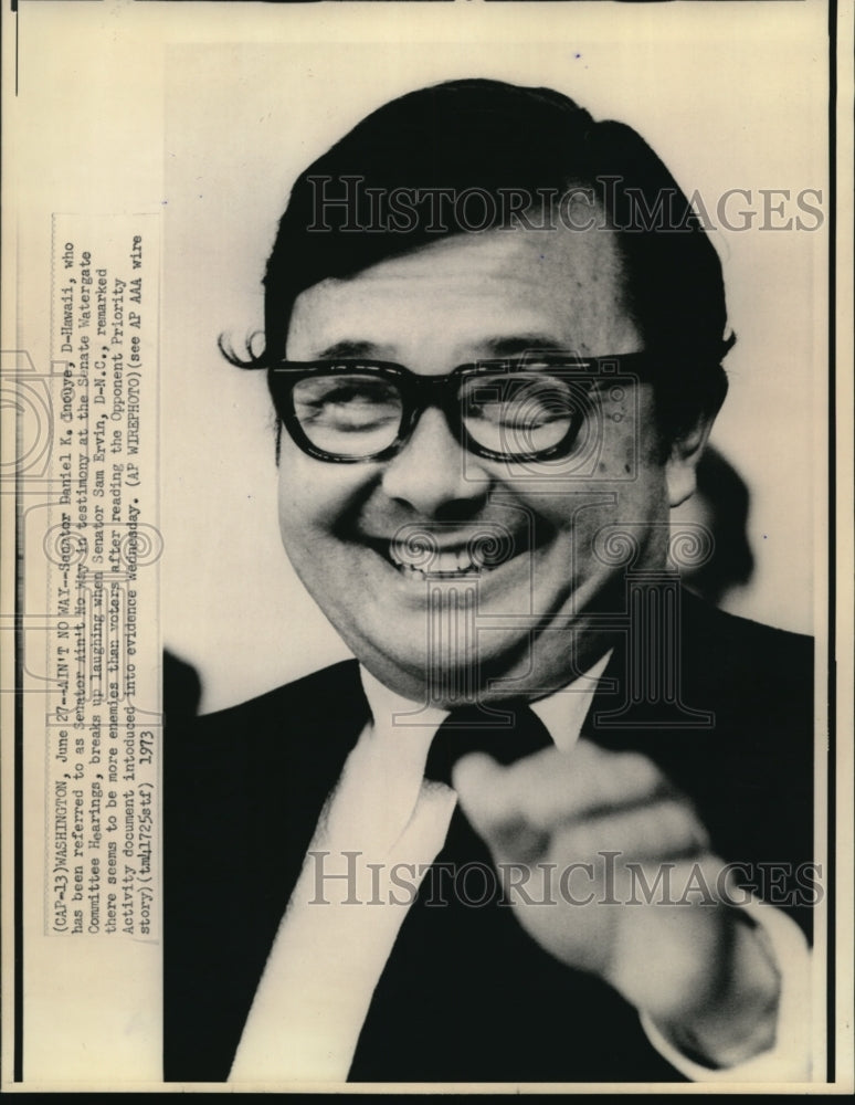 1973 Press Photo Sen Daniel Inouye laughs with Sen Sam Ervin - Historic Images