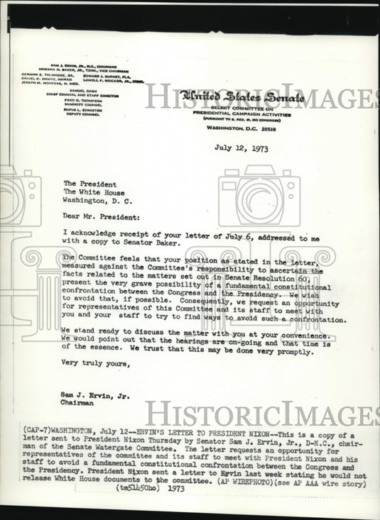 1973 Wire Photo The letter of Ervin to Nixon as evidence to the Watergate Case - Historic Images