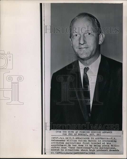 1962 Wire Photo U.S. Ambassador William Cullen Battle  - Historic Images