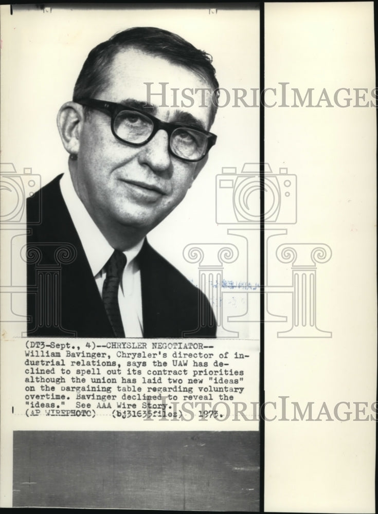 1973 Press Photo William Bavinger, Chrysler&#39;s director of industrial relations - Historic Images