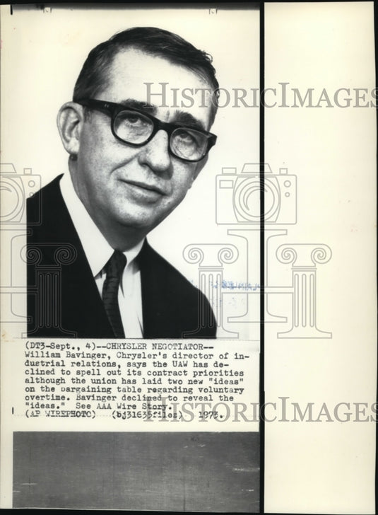 1973 Press Photo William Bavinger, Chrysler's director of industrial relations - Historic Images