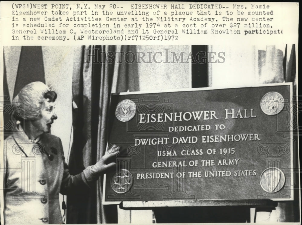 1972 Wire Photo Mrs. Mamie Eisenhower takes part in the unveiling of a plaque - Historic Images