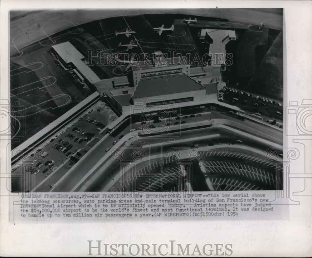 1954 Press Photo Parking Area and Main Termina Bldg. of San Francisco Airport. - Historic Images