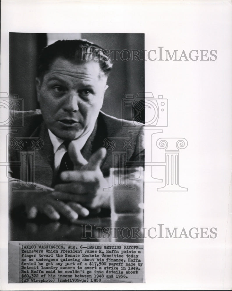 1958 Press Photo James R. Hoffa points a finger - Historic Images