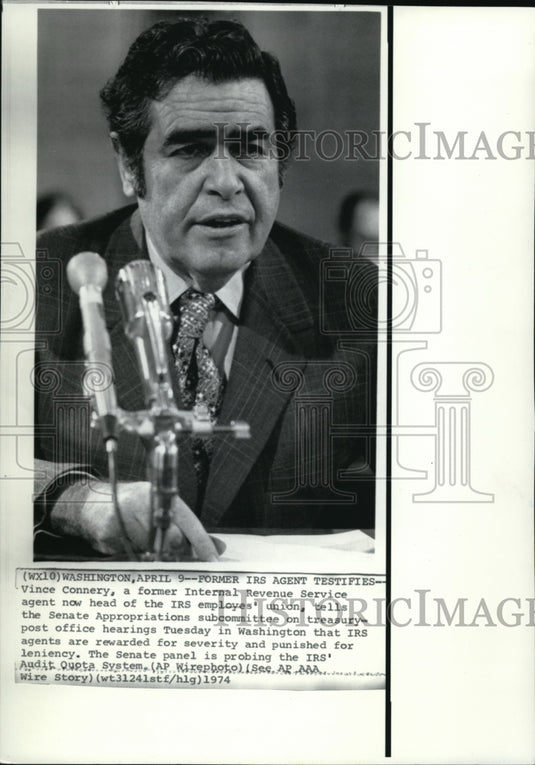 1974 Press Photo Vince Connery, head of IRS employees union at Senate Hearing - Historic Images
