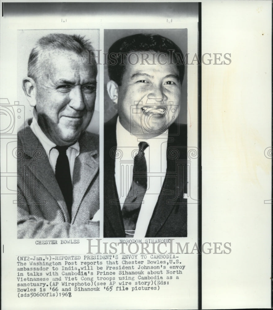 1968 Press Photo U.S.Ambassador to India, Chester Bowles &amp; Prince Sihanouk - Historic Images