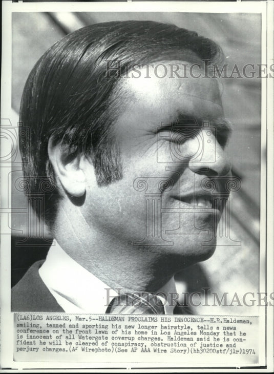 1974 Press Photo HR Haldeman, proclaims innocence in Water Gate Coverup - Historic Images
