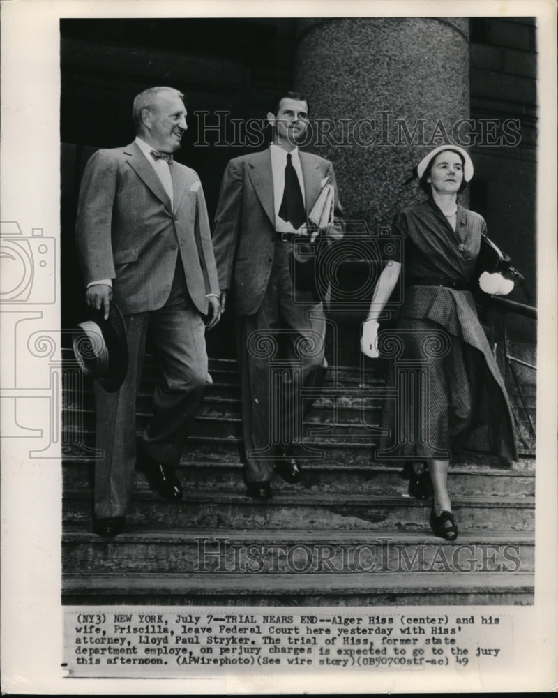 1948 Wire Photo Alger Hiss and his Wife leave Federal Court with Atty. Stryker. - Historic Images