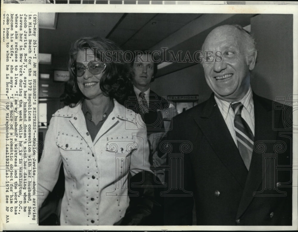 1974 Press Photo Marion Javits in Miami beach with husband Sen Jacob Javits - Historic Images