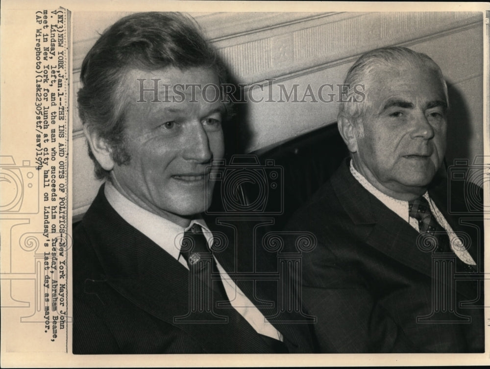 1974 Press Photo New York Mayor John V. Lindsay with Abraham Beame - Historic Images