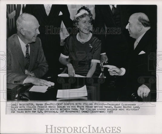 1958 Press Photo President Eisenhower with Mario Scelba and Ambassador Luce - Historic Images