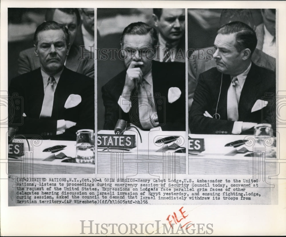 1956 Press Photo Henry Cabot Lodge, U.S Ambassador to the United Nations, - Historic Images