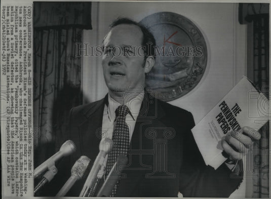 1972 Wire Photo Rep.John M. Ashbrook attacks Pres. Nixon's Defense Policies - Historic Images