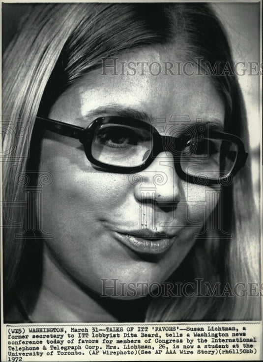 1972 Wire Photo Susan Lichtman, former secretary of Duta Beard, ITT lobbyist - Historic Images