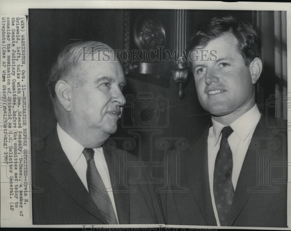 1967 Press Photo Erwin E. Grisworld Talks with Sen Edward Kennedy - Historic Images