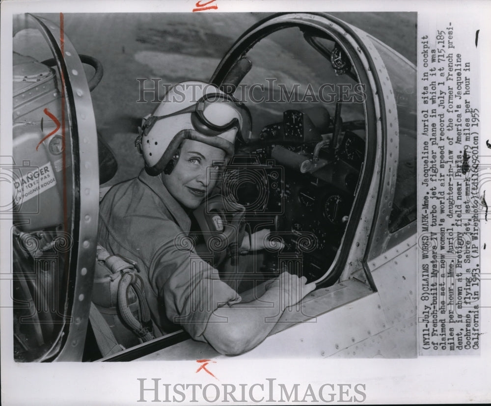 1955 Press Photo Jacqueline Auriool Sits in Cockpit of French-Built Mystere IV - Historic Images