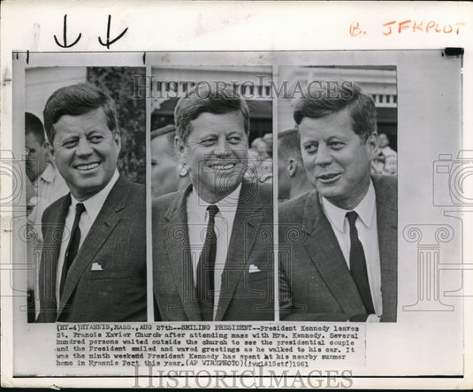 1961 Press Photo Pres. Kennedy and wife after mass in St. Francis Xavier church - Historic Images