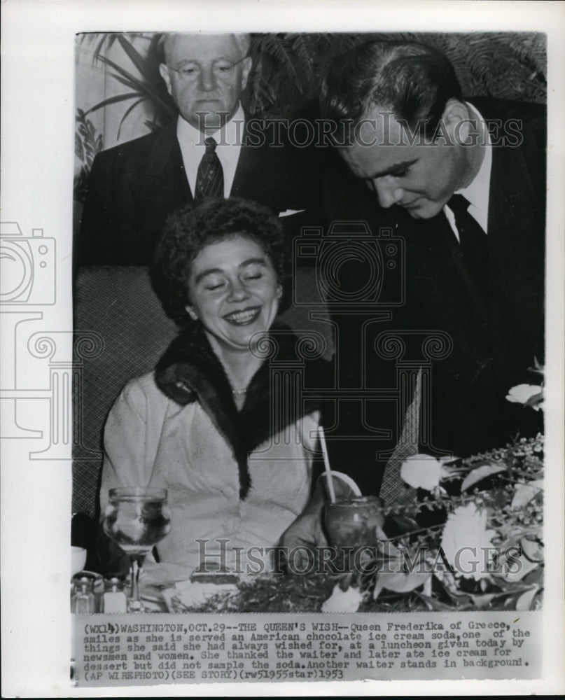 1953 Press Photo Queen Frederika of Greece is served an american chocolate - Historic Images