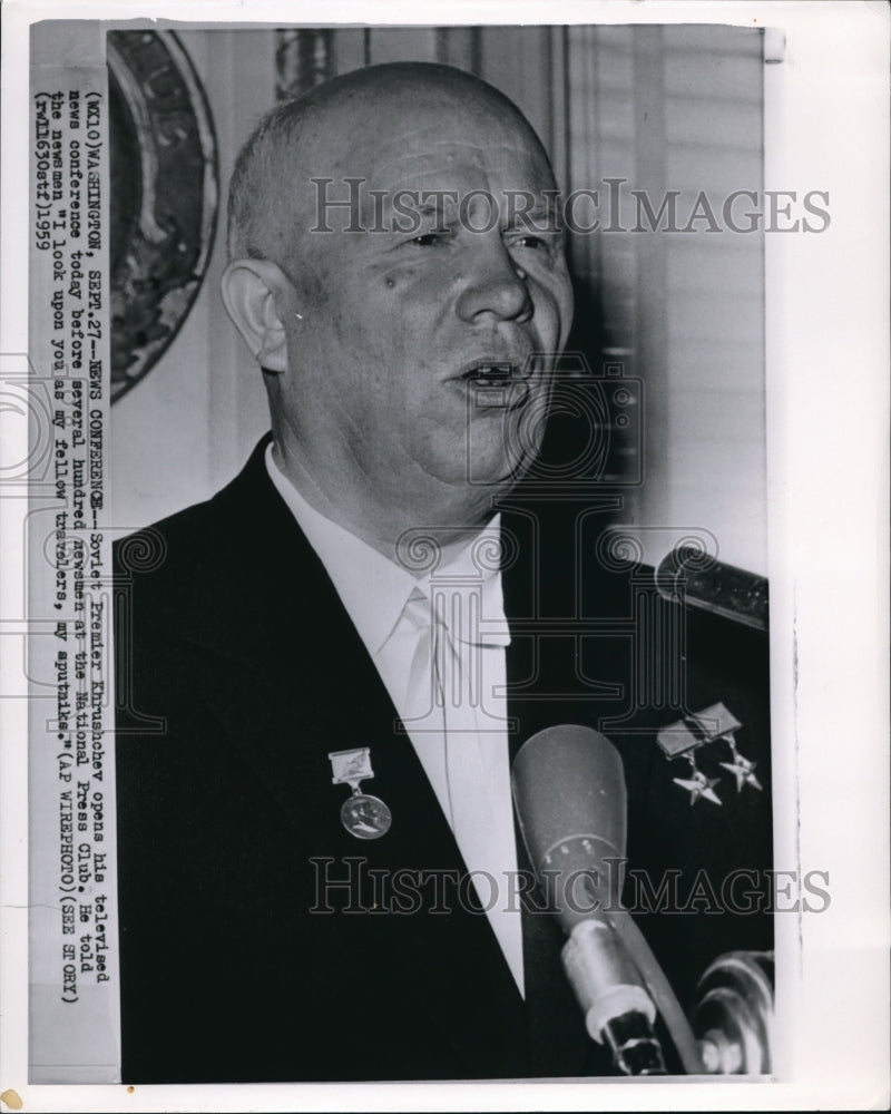 1959 Press Photo Soviet Premier Khrushchev opens his televised news conference - Historic Images