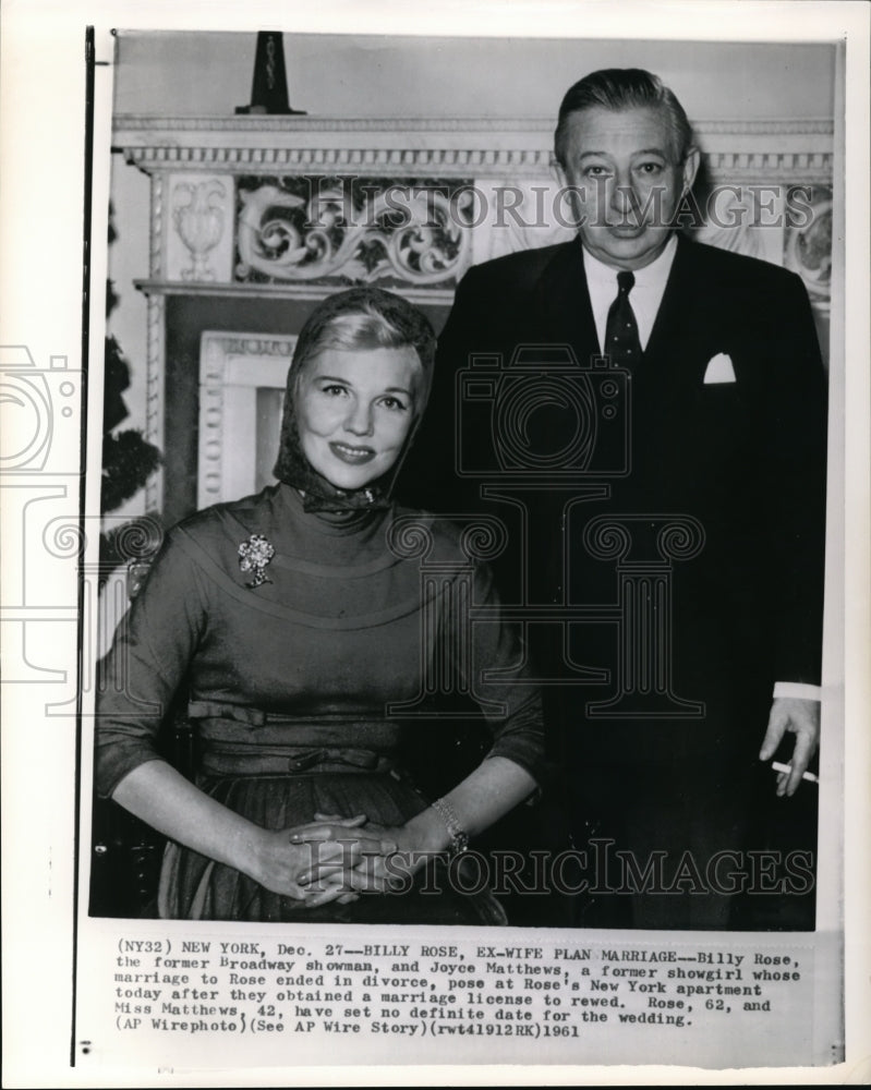 1961 Wire Photo Former Showman Billy Rose and his fiancee Joyce Matthews - Historic Images