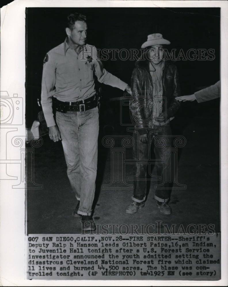 1956 Wire Photo Gilbert Paipa, Indian admitted firestarter at Cleveland Forest. - Historic Images