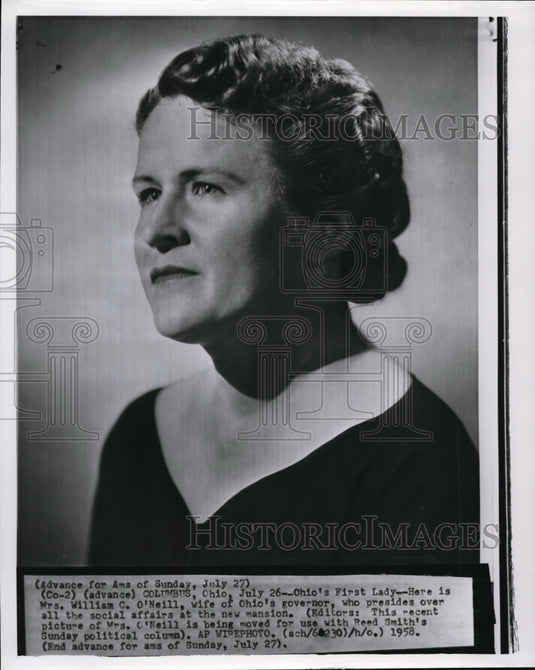 1958 Press Photo Mrs William O'Neill, Ohio's First Lady - Historic Images