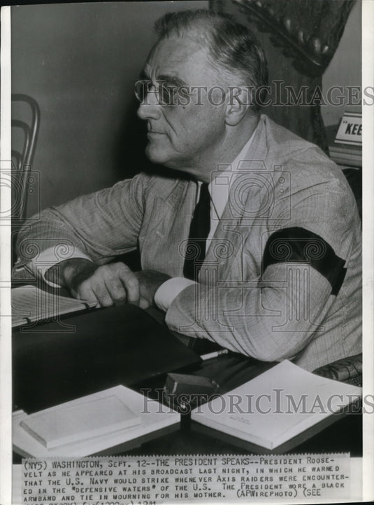 1941 Wire Photo Pres. Roosevelt Wore Black Armband and Tie Mourning his mother - Historic Images
