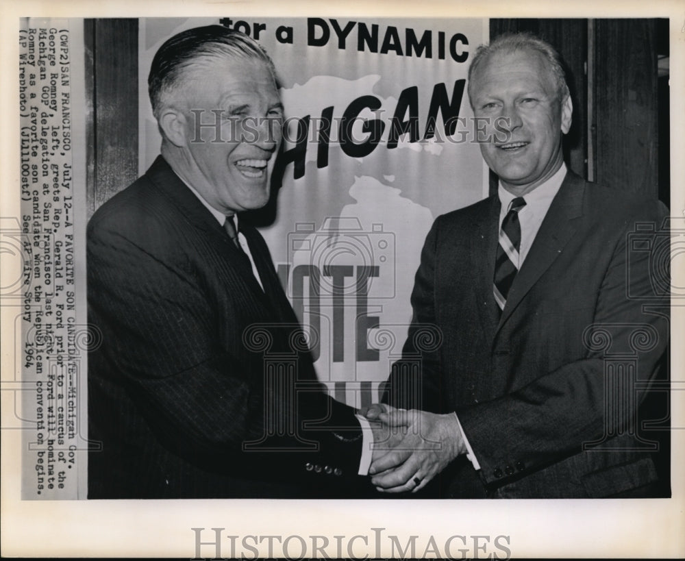 1964 Press Photo Gov. George Romney Greets Rep .Gerald R, Ford - Historic Images