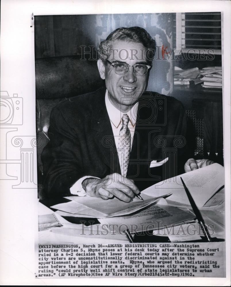 1962 Press Photo Washington attorney Charles S. Rhyne poss at his desk today-Historic Images