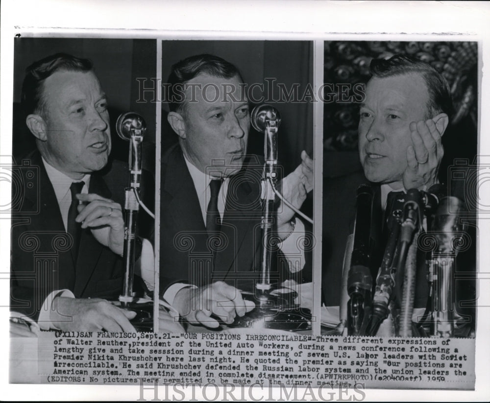 1959 Press Photo Three expressions of Walter Reuther during a news coference - Historic Images