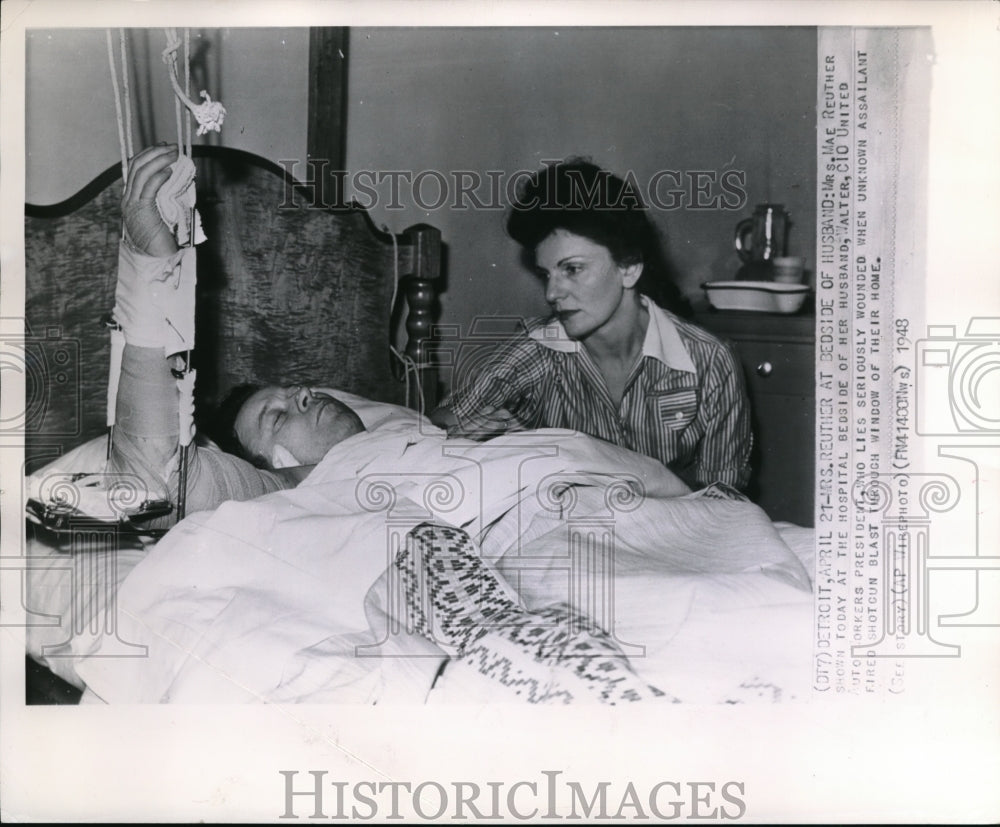 1948 Mrs. Reuther at bedside of seriously wounded husband - Historic Images