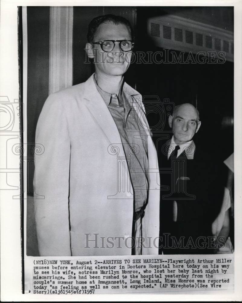 1957 Wire Photo Playwright Arthur Miller pauses before entering elevator in - Historic Images