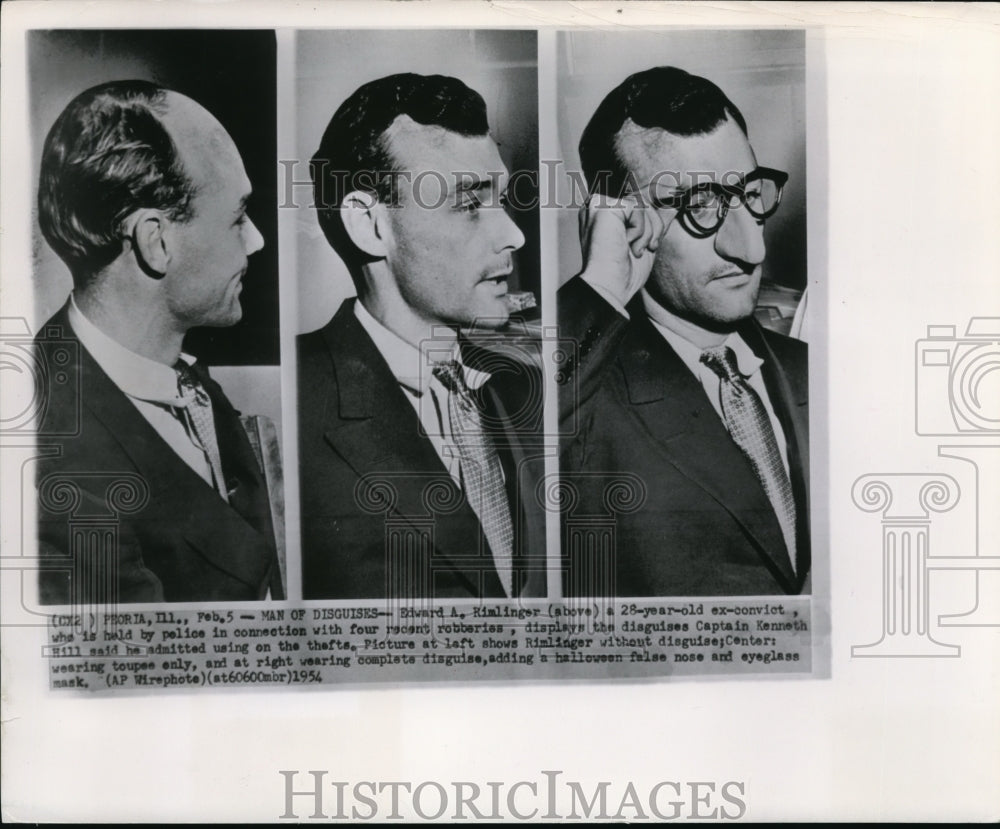 1954 E.A. Kimlinger displays the disguises Capt. Hill used on thefts - Historic Images