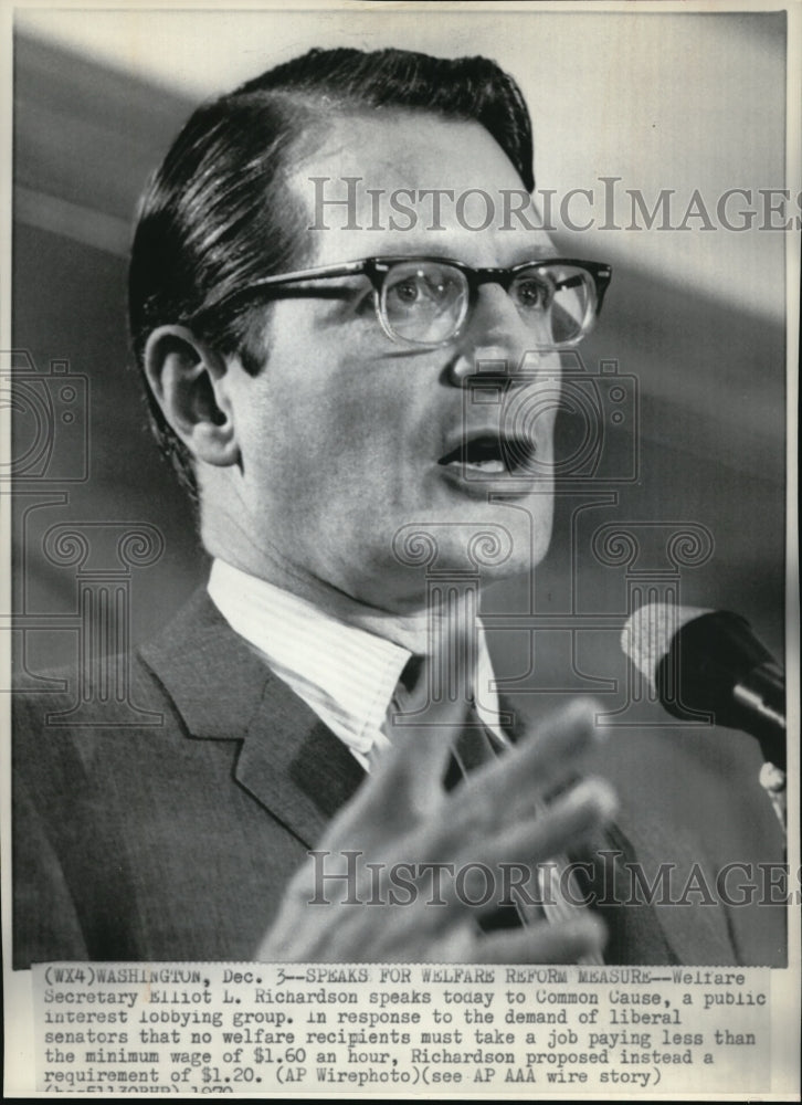 1970 Wire Photo Richardson speaks for Welfare Reform measure to Common Cause - Historic Images