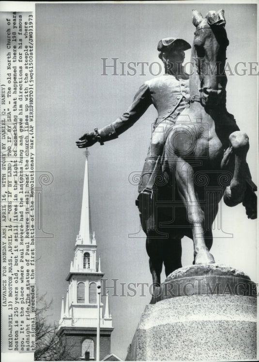 1973 Press Photo Statue of Paul Revere remembers what happen there 198 years ago-Historic Images