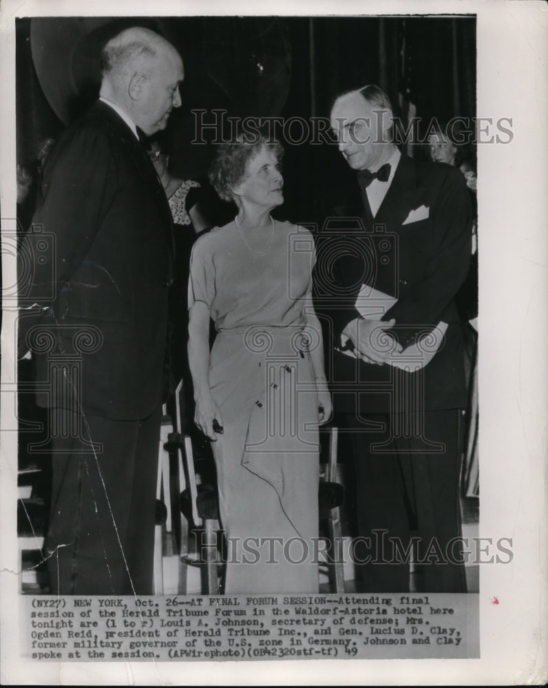 1949 Wire Photo Louis Johnson, Herald President Mrs. Ogden Reid & Gen. Clay - Historic Images