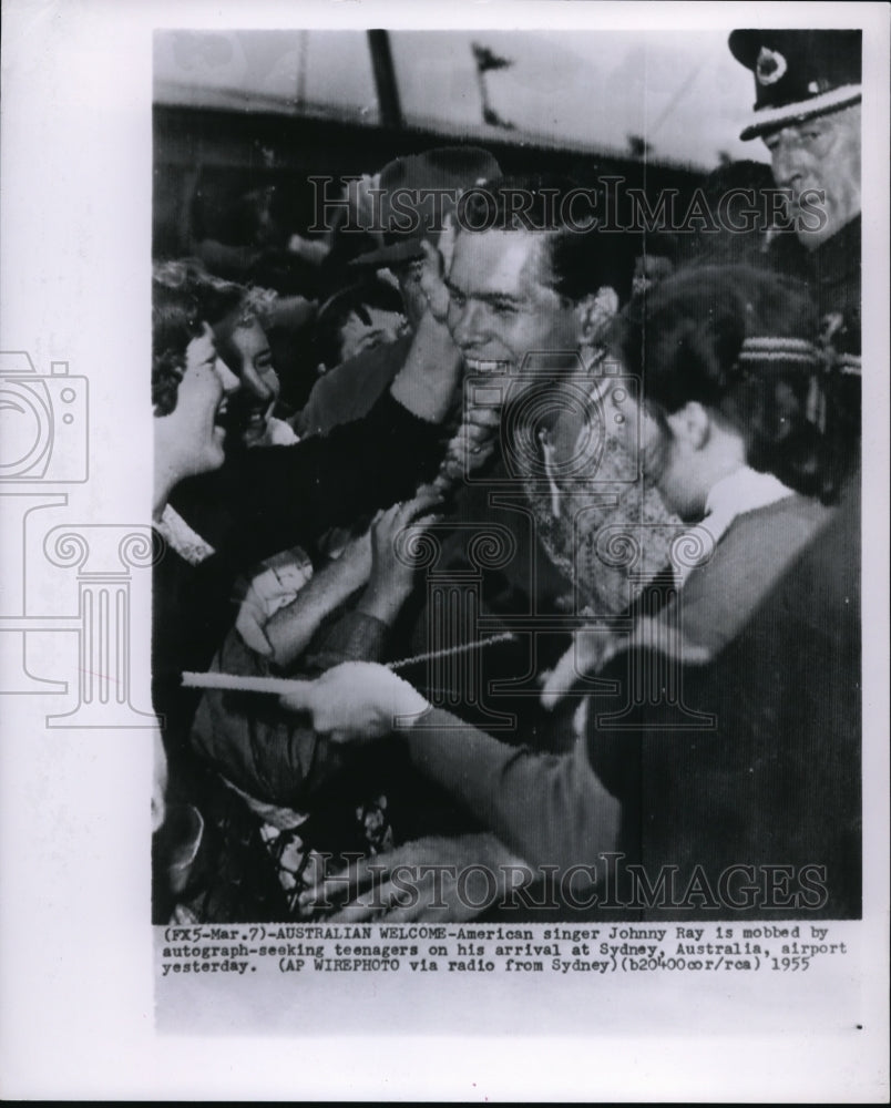 1955 Wire Photo Johnny Ray Mobbed by Authograph-seeking Teenagers at Sydney - Historic Images